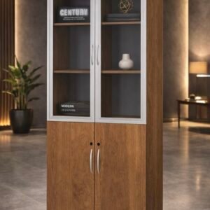 2 Door Office Cupboard Classic Oak & Metallic Silver Glass Frame
