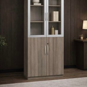 2 Door Office Cupboard Textured Grey Walnut & Silver Glass Frame