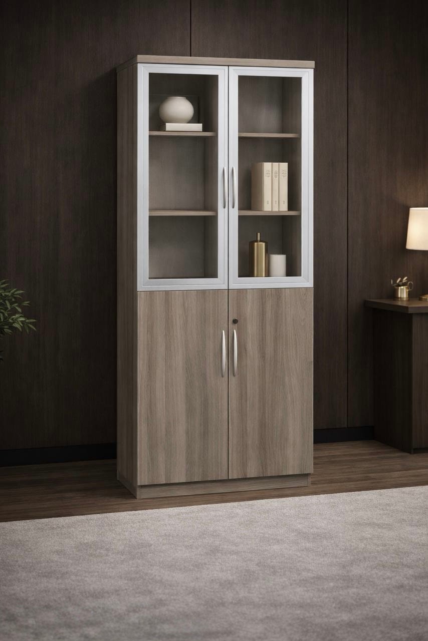 2 Door Office Cupboard Textured Grey Walnut & Silver Glass Frame