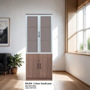 2 Door Office Cupboard Warm Cedar & White Glass Border Finishes