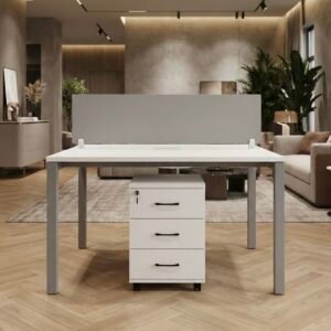 2 Person Workstation with partition Minimalist White & Sleek Grey