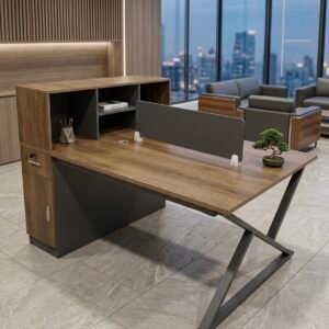 2 Person Workstation with partition Premium Walnut & Graphite Grey