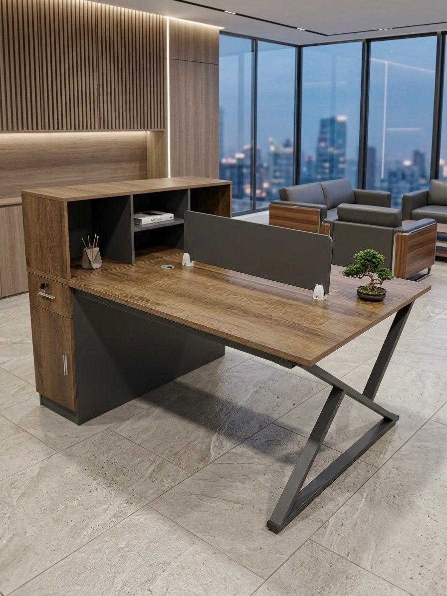 2 Person Workstation with partition Premium Walnut & Graphite Grey