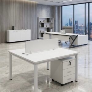 2 Person Workstation with partition Pure White & Silver Grey