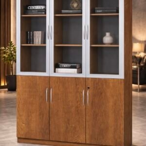 3 Door Office Cupboard Deep Golden Oak & Silver Glass Frame