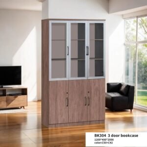3 Door Office Cupboard Premium Teak Wood & Silver Glass Frame