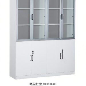 4 Door Office Cupboard Minimalist Gloss White & Silver Glass Frame