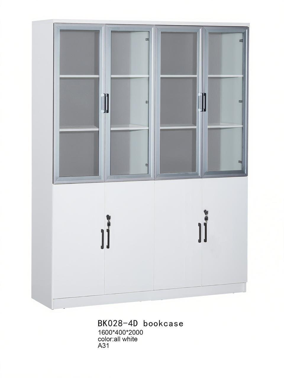 4 Door Office Cupboard Minimalist Gloss White & Silver Glass Frame