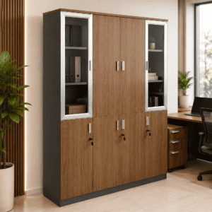 4 Door Office Cupboard – Classic Walnut & Silver Glass Frame