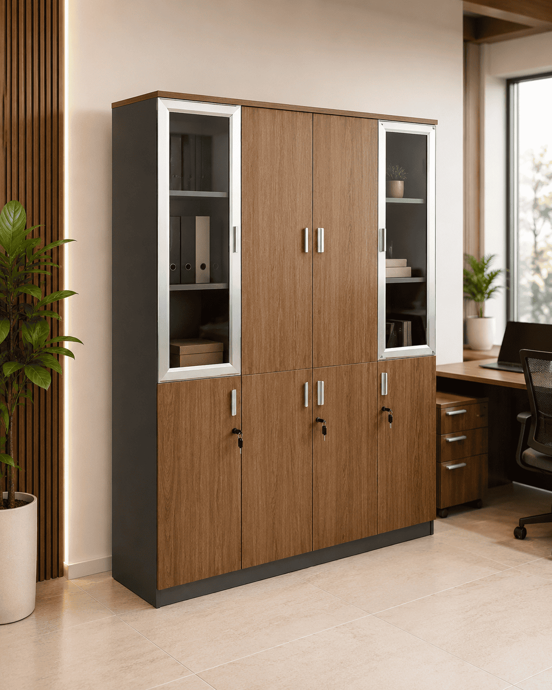 4 Door Office Cupboard – Classic Walnut & Silver Glass Frame