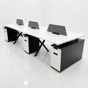 4 Person Workstation with partition Solid White & Bold Black