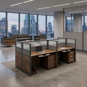 4 Person Workstation with partition Vintage Walnut & Graphite Grey