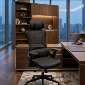 Black High Back Swivel Mesh Chair with Adjustable Headrest
