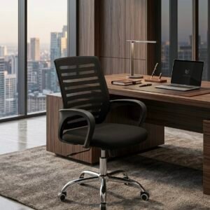 Black Mid Back Swivel Mesh Chair with Fixed Armrests