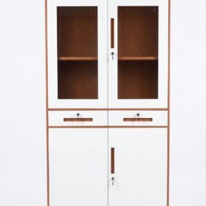 Brown & White Metal File Cabinet with Glass Doors and Lockable Drawers