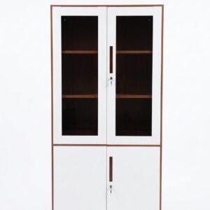 Brown & White 2 Door Metal File Cabinet with Upper Glass Doors & Lower Solid Storage Box