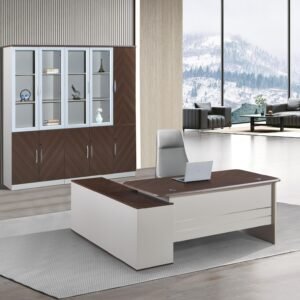 Classic Medium Size Office Table Executive Office Set with Geometric Diamond Cut Front Panel and Luxury Wall Cabinet Unit