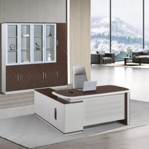 Classic Medium Size Office Table Executive Set with Textured Front Table and Matching Multi Cabinets