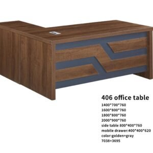 Classic Medium Size Office Table (Model 406) in Golden Walnut Finish with Bold Geometric Slate Gray Front Accents
