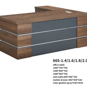 Classic Medium Size Office Table (Model 665) with Multi Tiered Golden Walnut Side Blocks and Slate Gray Modesty Panel