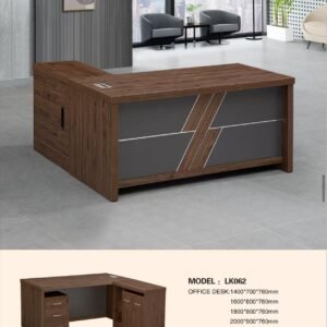 Classic Medium Size Office Table (Model LK062) in Deep Walnut Finish with Intersecting Geometric Modesty Trim and Attached Side Credenza