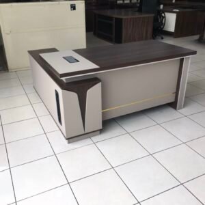 Classic Medium Size Office Table in Dark Walnut and Matte Beige with Integrated Side Return turn