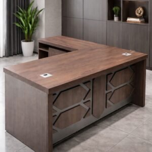 Classic Medium Size Office Table in Deep Walnut with Cutout Geometric Front Panel Design