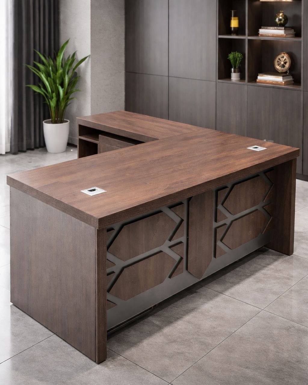 Classic Medium Size Office Table in Deep Walnut with Cutout Geometric Front Panel Design