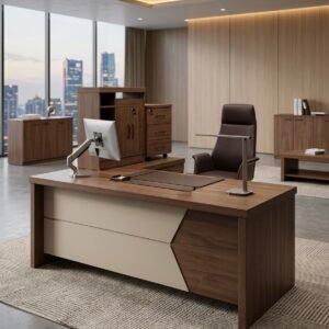 Classic Medium Size Office Table in Dual Tone Walnut with Chevron Beige Accent Panel and L Shaped Return Setup