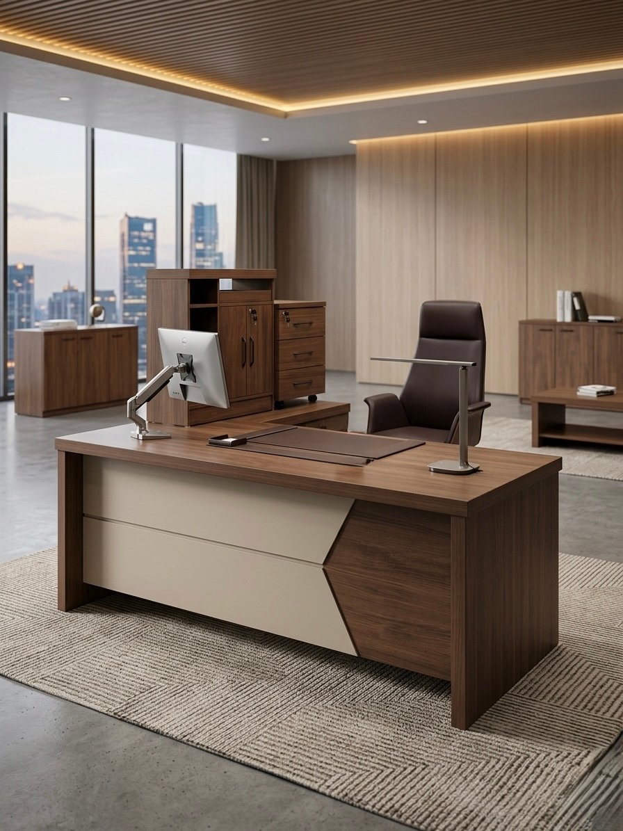 Classic Medium Size Office Table in Dual Tone Walnut with Chevron Beige Accent Panel and L Shaped Return Setup