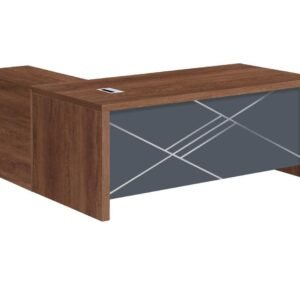 Classic Medium Size Office Table in Golden Walnut Finish with Minimalist Matte Slate Gray Front and Silver Linear Overlays