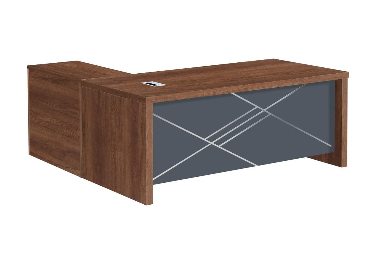 Classic Medium Size Office Table in Golden Walnut Finish with Minimalist Matte Slate Gray Front and Silver Linear Overlays