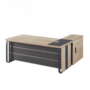 Classic Medium Size Office Table in Light Oak Finish with Slate Gray Modesty Panel and Integrated Side Return