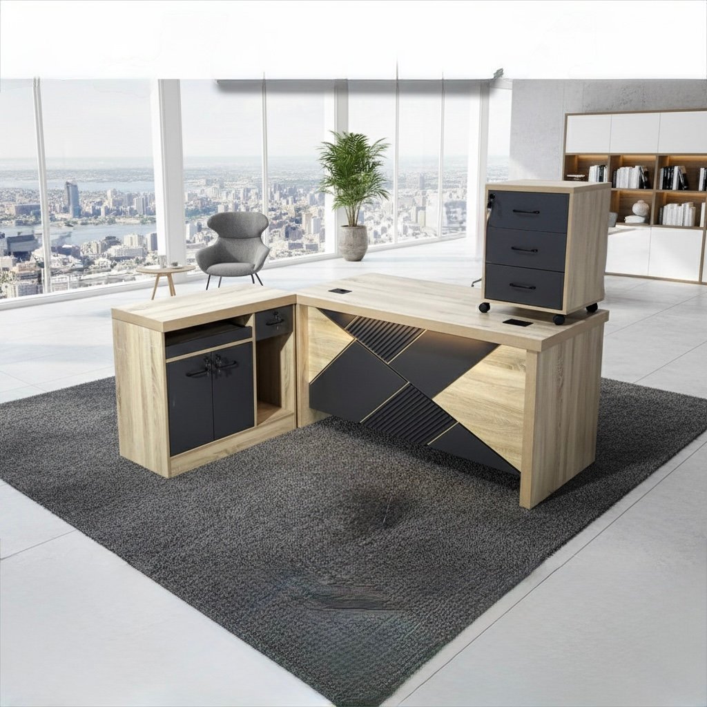 Classic Medium Size Office Table in Light Oak with Abstract Geometric Slate Gray Modesty Panel and Matching Mobile Drawers