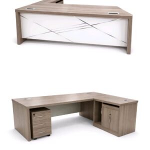 Classic Medium Size Office Table in Light Walnut with Abstract Silver Lined Front Panel and Mobile Drawer Unit