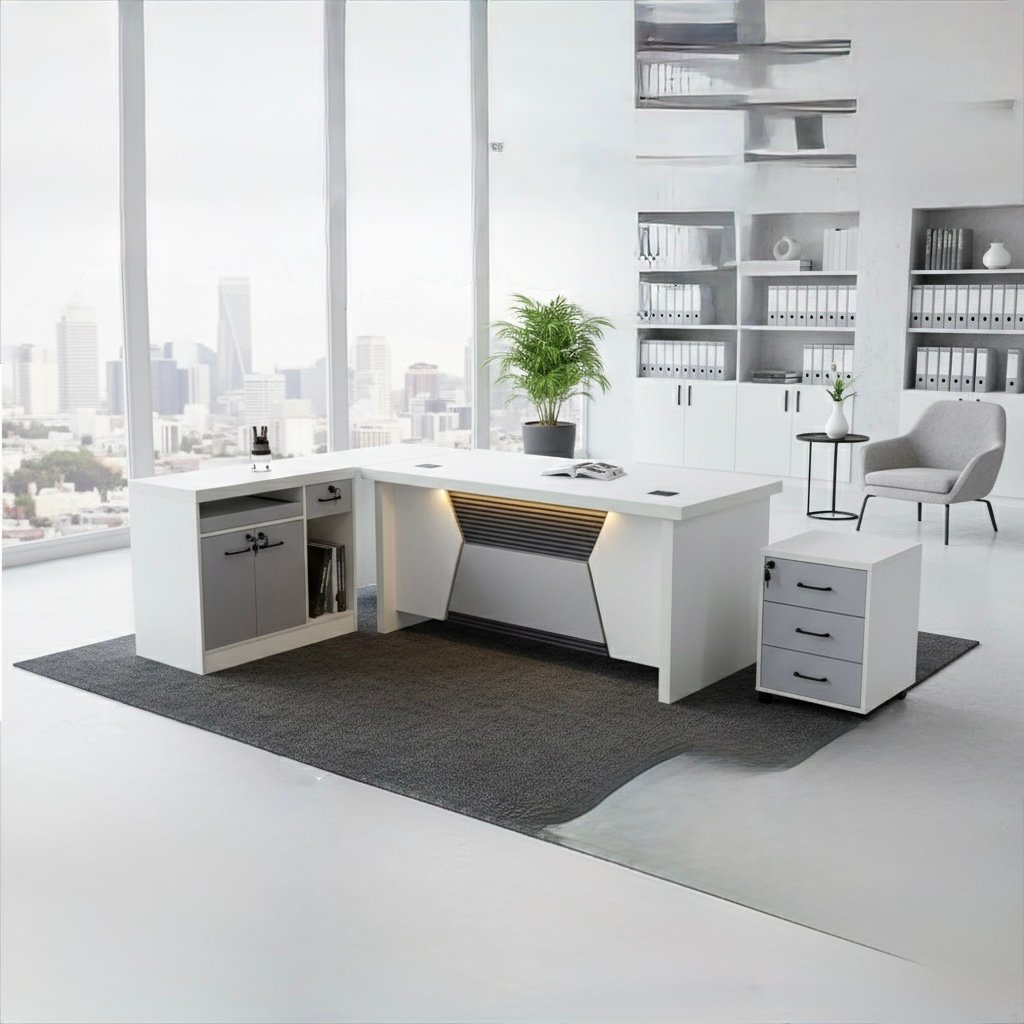 Classic Medium Size Office Table in Matte White Finish with Angular Light Gray Center Modesty Accent and Mobile File Cabinet
