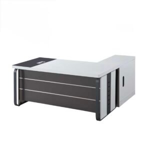 Classic Medium Size Office Table in Matte White Finish with Slate Gray Modesty Panel and Integrated Side Return