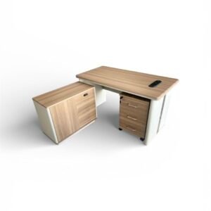 Classic Medium Size Office Table in Natural Oak Finish with Off White Curved Frame Accents and Matching Pedestal Drawers