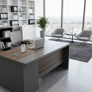 Classic Medium Size Office Table in Premium Dark Walnut with Seamless Charcoal Gray Modesty Panel