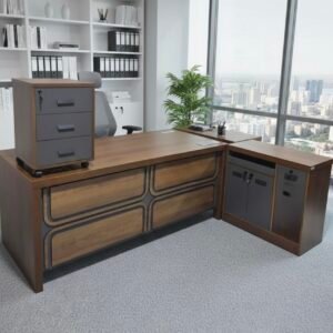 Classic Medium Size Office Table in Premium Teak Walnut with Quad Panel Framed Modesty Design and Side Storage Unit