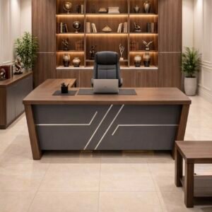 Classic Medium Size Office Table in Premium Walnut with Angled Frame and Inverted Linear Charcoal Gray Front Panel