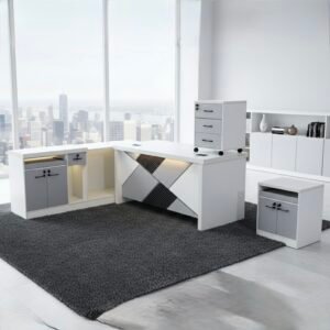 Classic Medium Size Office Table in Pure White with Abstract Geometric Slate Gray Modesty Panel and Matching Office Cabinets