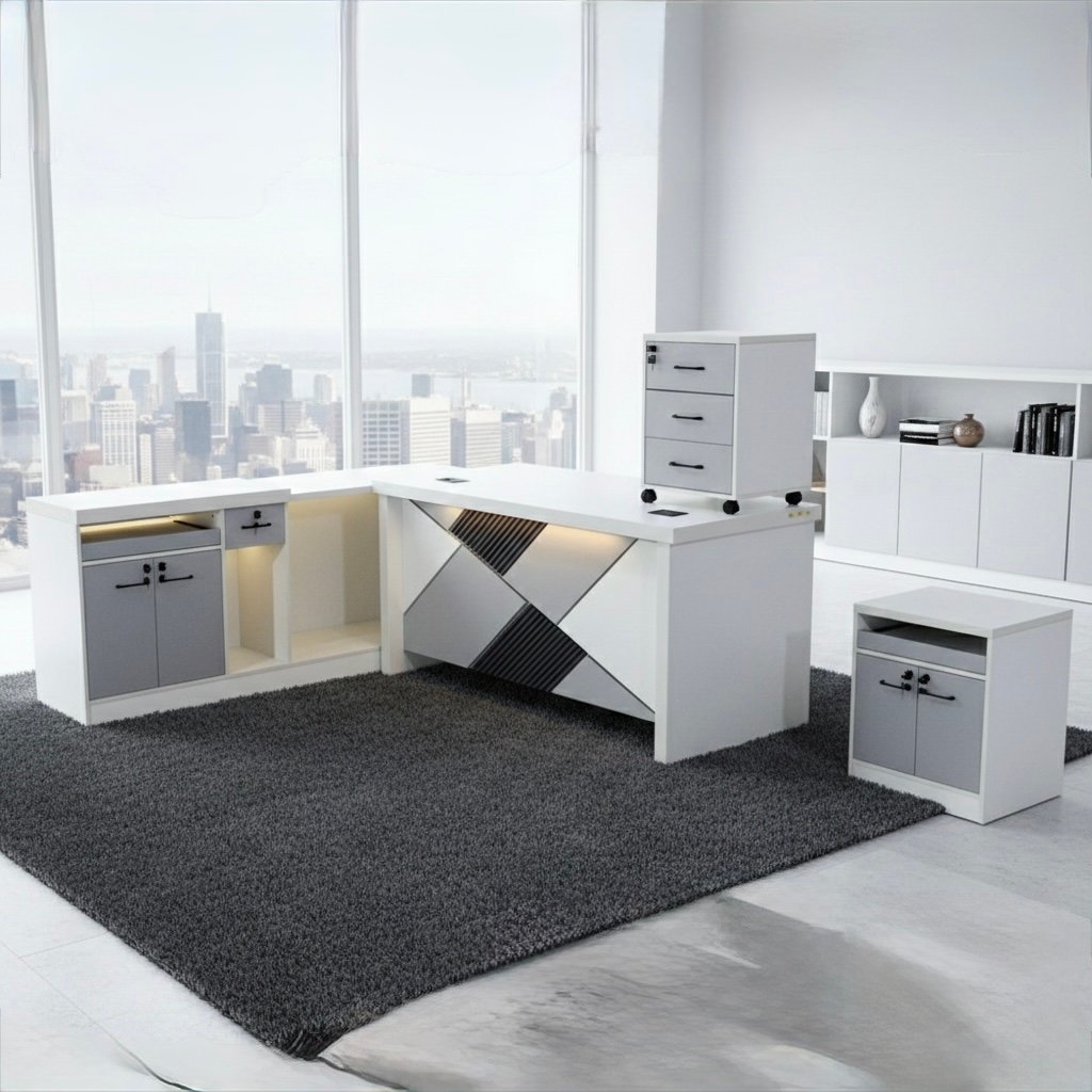 Classic Medium Size Office Table in Pure White with Abstract Geometric Slate Gray Modesty Panel and Matching Office Cabinets