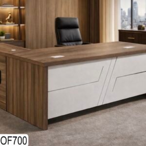 Classic Medium Size Office Table in Rich Walnut Finish with Angled Linear Accent Off White Front Panel