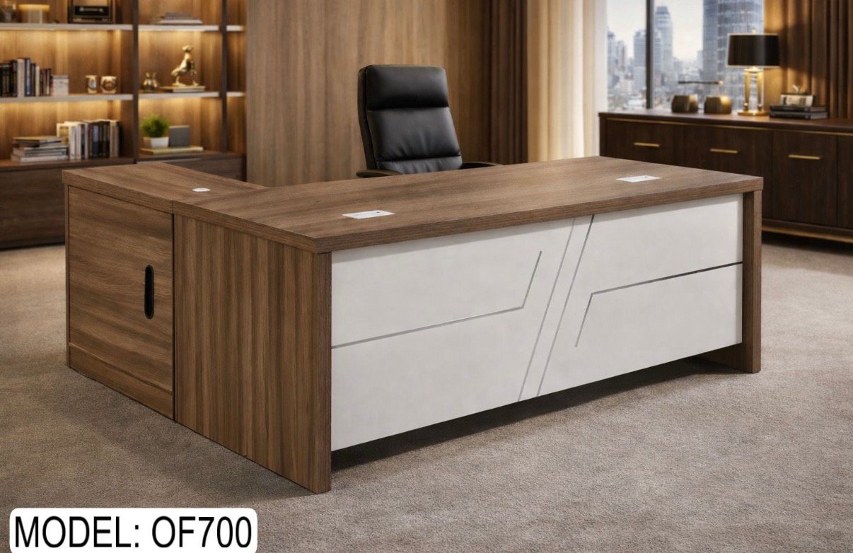 Classic Medium Size Office Table in Rich Walnut Finish with Angled Linear Accent Off White Front Panel