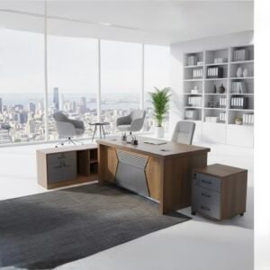 Classic Medium Size Office Table in Rich Walnut with Angular Inverted Gray Center Modesty Accent and Mobile File Cabinet