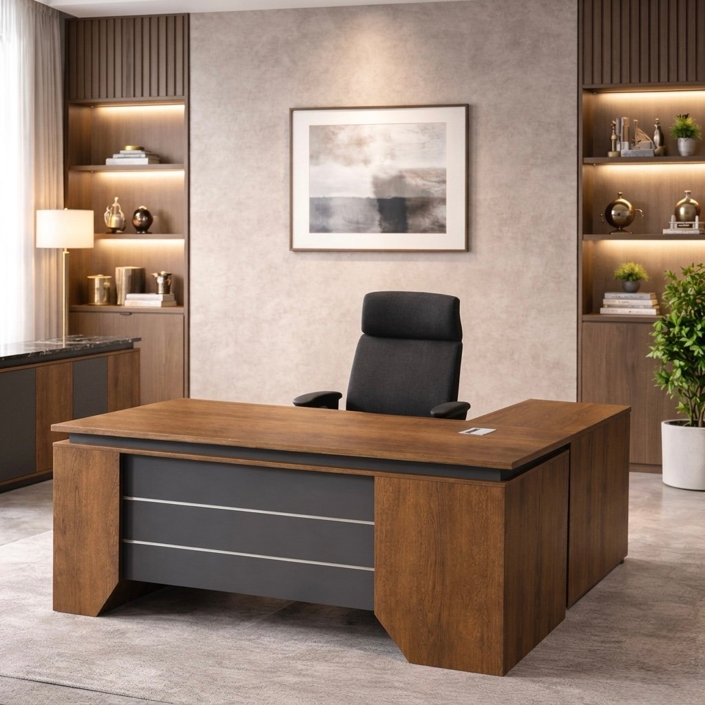 Classic Medium Size Office Table in Rich Walnut with Charcoal Gray Striped Front Modesty Panel and Sculpted Legs