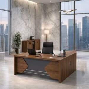 Classic Medium Size Office Table in Textured Walnut with Winged Side Accents and Center Slate Gray Modesty Panel