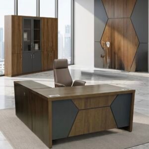 Classic Medium Size Office Table with Bold Walnut Frame, Angled Charcoal Corner Panels, and matching Storage Cabinets