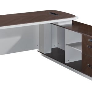 Classic Medium Size Office Table with Chevron Dark Walnut Rounded Top and Functional White Open Shelf Side Return